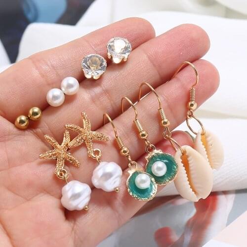 Cheap Personality Creative Faux Pearl Shell Rhinestone Earrings Multi-pairs Combination Womens Eardrop Ladies Everyday Earrings