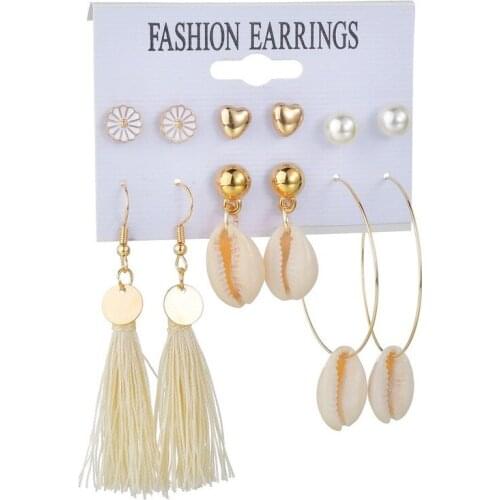 Trendy Bohemian Flower Love Heart Shell Pendant Earrings Women Fashion Long Tassel Round Circle Statement Stud Earrings Jewelry