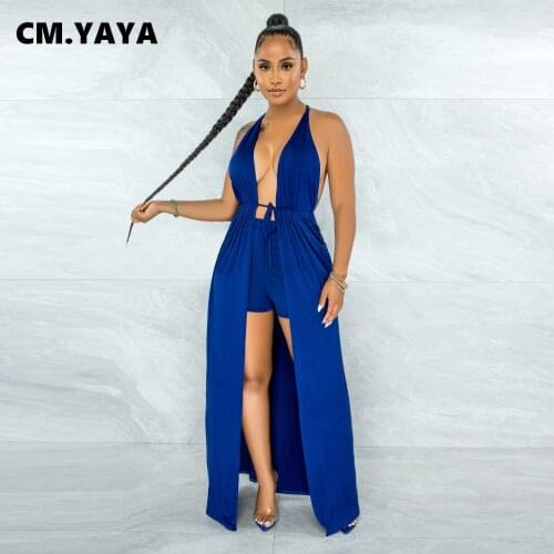 CM.YAYA Women Set Sleeveless Halter Bandage Backless Hollow Out Long Splited Dress Shorts Two 2 Piece Sets Sexy Outfits Summer