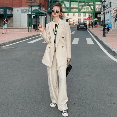 Women Suits Double Breasted Bandage Blazer Suit Jacket Coat Wide Leg Pants Two Piece Sets Female Elegant Loose Casual Outfits