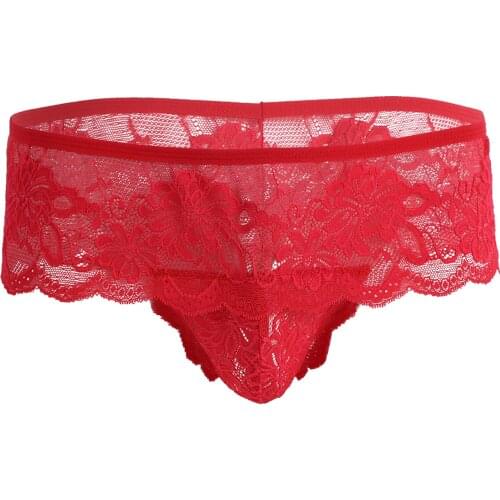 2021 Mens Sexy Sissy Lingerie Briefs Panties Lacework Open Butt Bulge Pouch G-string Bikini Underwear Gay Nightwear Homewear