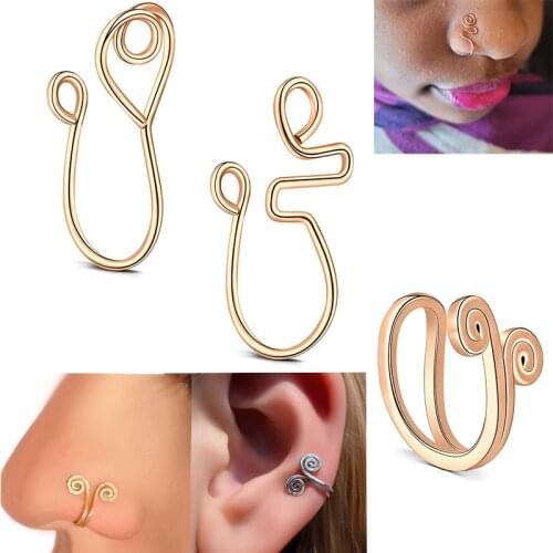 3pcs Clip Cuff Nose Ring Fake Piercing Nostril Ear Cuff 2021 Punk Rose Gold Silver Original Copper Wire Spiral Nos