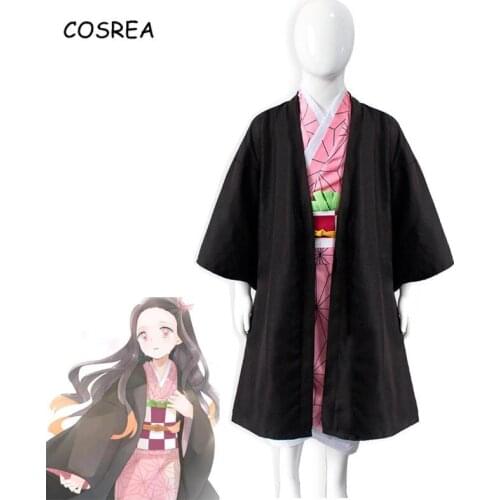 Anime Demon Slayer Kimetsu no Yaiba Cosplay Kamado Nezuko Costume Children Uniform Kimono Dress Full Set Hair Wigs Girls Kids