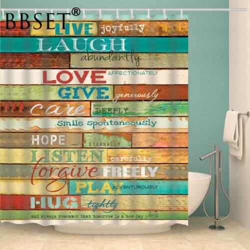 Wooden Effect Shower Curtain Inspirational Text on Wooden Board Pattern Waterproof Multi-size Douchegordijn Bathroom Decor