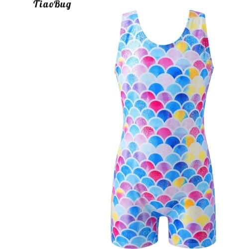 TiaoBug Kid Girl Summer Sleeveless Sparkling Gilding Fish Scales Print Shorts Bottom Bodysuit Dance Training Gymnastics Jumpsuit