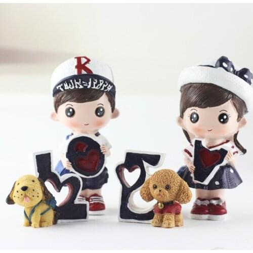 Creative Resin Lover couples Doll with walking dog Home Decoration Love Navy Dolls Valentines Day Gift miniature figurines