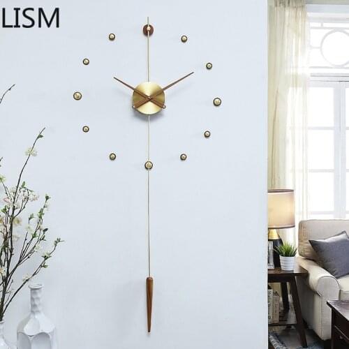 Creative Large Wall Clock Gold Pure Copper Walnut Wood Pendulum Clock Living Room Art Luxury Diy Clocks Wall Clock Modern Design