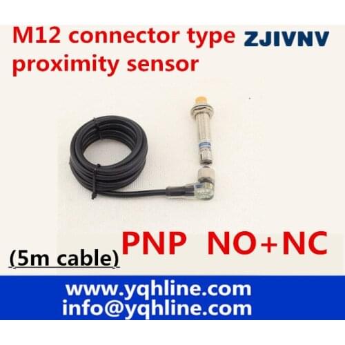 M12 connector type proximity inductive sensor PNP NO+NC proximity switch DC 4 wires, 5m cable, angle plug with led indicator