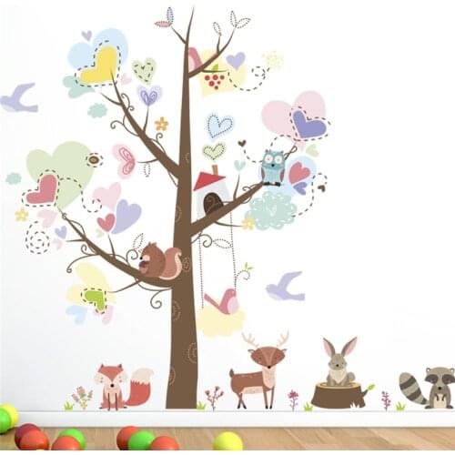 Cartoon Animals Big Tree Wall Stickers For Kindergarten Kids Room Home Decoration Cute Safari Mural Art Pvc Decals Posters