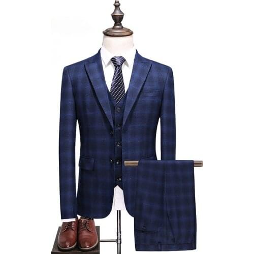 Mens 3 Pieces Suit Blue Shawl Lapel Plaid Single Row Two Buttons Slim Fit For Groom Wedding Suit Blazer+Vest+Pants 2021