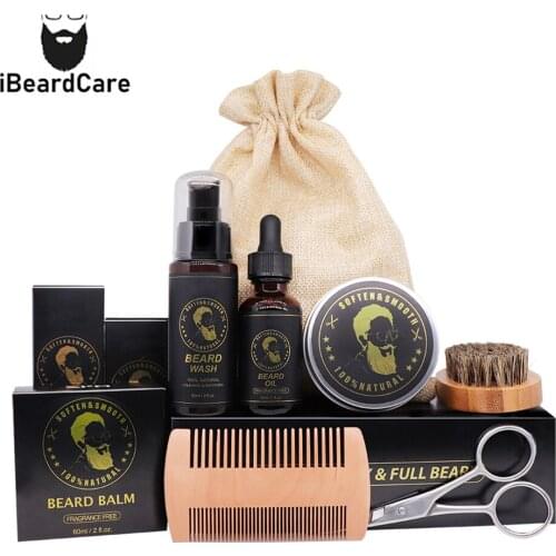 Ibeardcare 6Pcs/Set Men Beard Care Kit Hair Growth Enhancer Nourishing Beard Balm Pure Natural Beard Scissors Brush Wash Cleaner