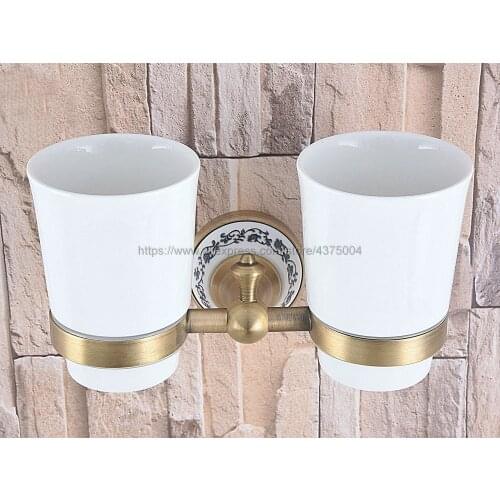 Wall Mounted Antique Brass Double Cup Holder Toothbrush Holder with Two Ceramics Cup Rack Tumbler Holder Nba780
