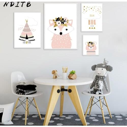 NDITB Cartoon Woodland Animal Poster and Print Fox Bear Nursery Quotes Nordic Wall Painting Prints Baby Girl Room Decor