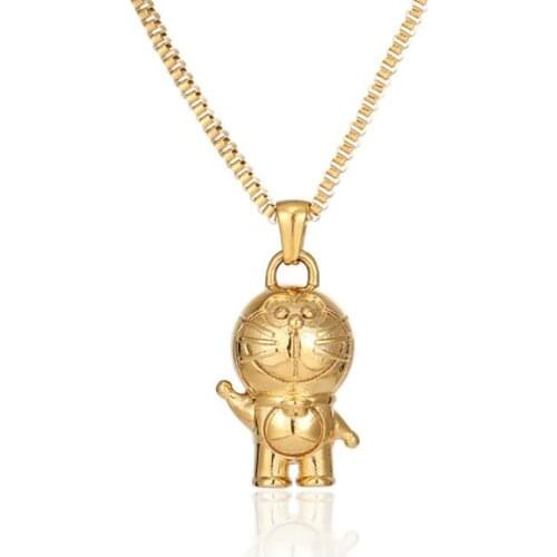 Hip Hop Stainless Steel Statement Doraemon Pendant Necklace Tinker Bell Machine Cat Necklaces Jewelry Gift For Him with Chain