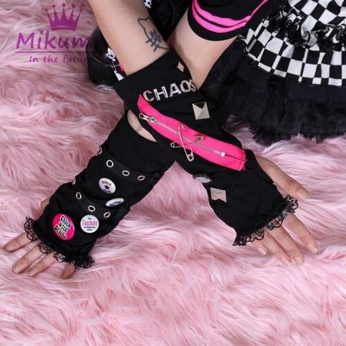 Punk Rock Rivet Letter Badge Zipper Black Gloves Fashion Streetwear Gothic Womens Half Finger Long Gloves