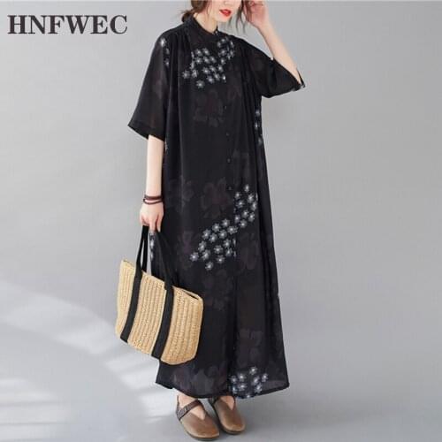 Asymmetrical Print Dress Female Stand Collar Half Sleeve Casual Oversize Maxi Women Dresses Summer Fashion New Clothes P484