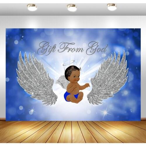 Gift From God Baby Shower Backdrop Flash Silver Wings Angel Boy Baby Shower Photography Background Glowing Blue Bokeh Banner