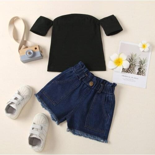 Girls Casual Suit Summer 2021, Solid Color Off-the-shoulder Short Sleeve Slim Elastic T-shirt, Loose Jeans Shorts, Daily Life