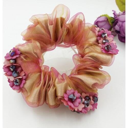 1Piece Hair Accessories for girl & women Organza fabric Hair Rope Super Elastic Headbands Crystal flower Ponytail Scrunchie