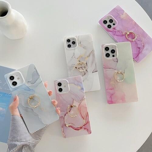 Luxury Marble Finger Ring Stand Phone Case For iPhone 12 Pro Max 11 Pro Max XS Max XR X 8 7 Plus Case Soft IMD Square Back Cover