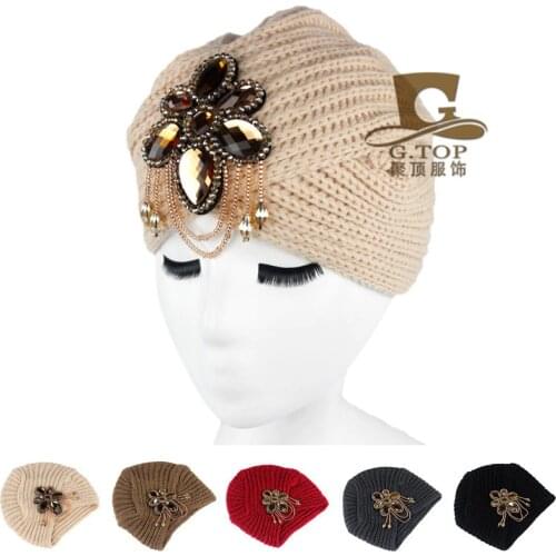 Luxury Divas Winter Knit Women Turban with Jeweled Pendant Beanie Hat Twist Hijab Turbante