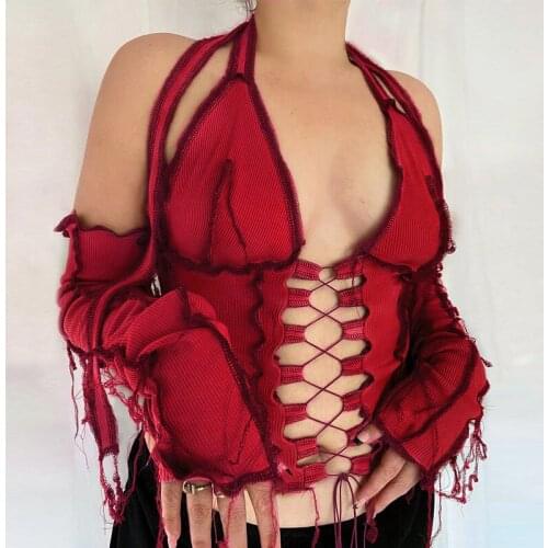 Sexy Bodycon Y2K Crop Top Backless Halter Ribbed Tie Front Top Women Long Sleeve Hollow Out Lace Up T Shirts Patchwork Shirts