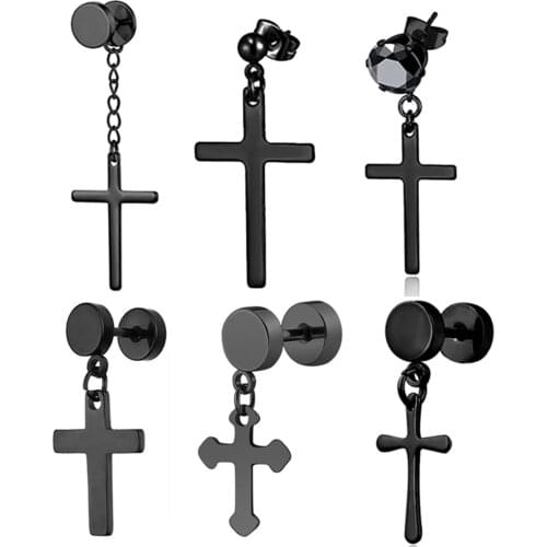 SexeMara 1 Piece Punk Gothic Stainless Steel Stud Earring Cross Round Fake Ear Taper Dumbbell Fashion Women Men Rock Jewelry