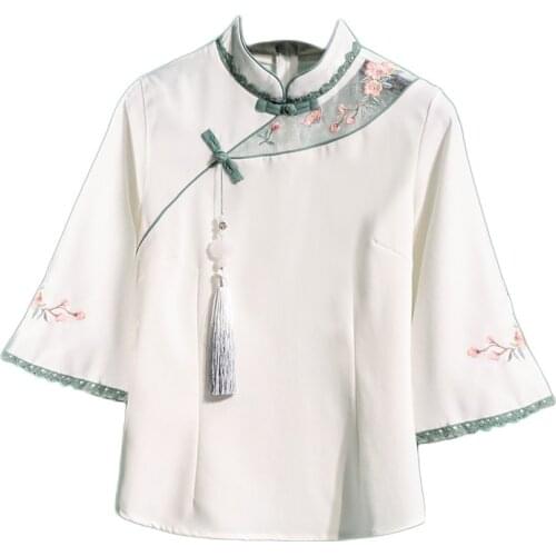 Traditional Chinese Style Clothing Women Tops Embroidery Loose Blouses Cheongsam Vintage Buckle Hanfu Shirts Tang Suits 12195