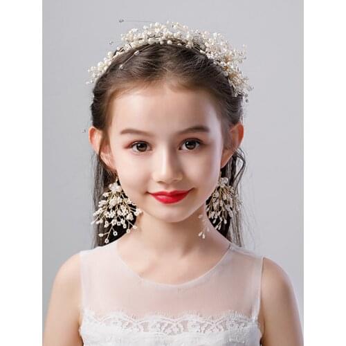 Vintage Hanmdade Pearl Headbands With Earrings For Children Girls Wedding Party Photography Hair Accessories Kids Hairbands