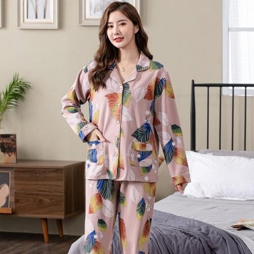 Womens Leaf Pattern Two-piece Home Suit For Spring And Autumn Long-sleeve Pure Cotton Pants Pajamas Women Cardigan Sleepwear