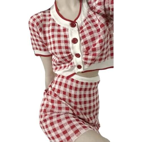 Retro Red Plaid Knit Women 2pc Matching Suits BM Fashion Girl Single Breast Short Sweater Top&Mini Skirt Sets Vintage outfits