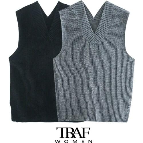 TRAF Za Women Fashion With Ribbed Trim Loose Knitted Vest Sweater Vintage Sleeveless Side Vents Female Waistcoat Chic Tops