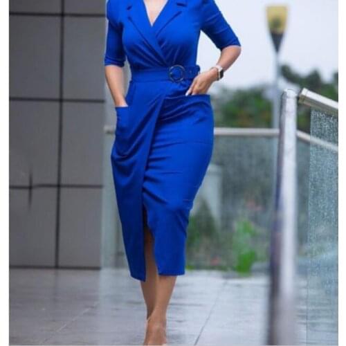 2021 Spring Long Shirt Dress Women Mid Sleeve Blue Red Color Sexy Elegant Office Ladies Dress Pocket with Belt Vestido