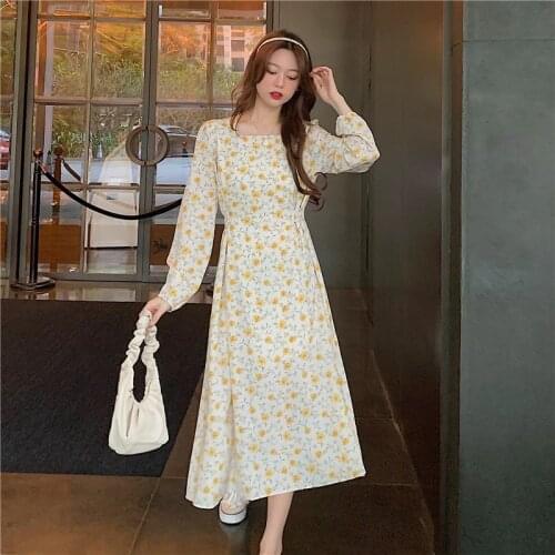 Retro Floral Long Skirt Spring Casual Square Collar Regular Long-sleeved A-line Elegant Retro Dress