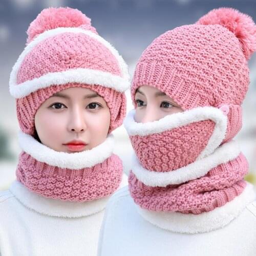Winter knitted Beanies Hats Women Thick Warm Beanie Skullies Hat Scarf 3Pcs Set Female Knit Bonnet Beanie Cap Riding Ski Hat