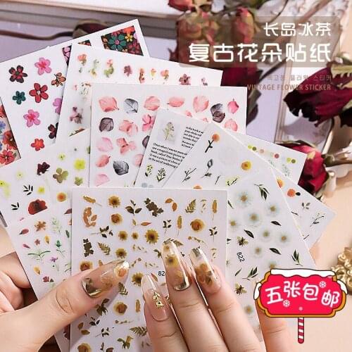 5pcs Japanese Long Island Ice Tea manicure sticker 3D waterproof retro rose flower painted nail Decal
