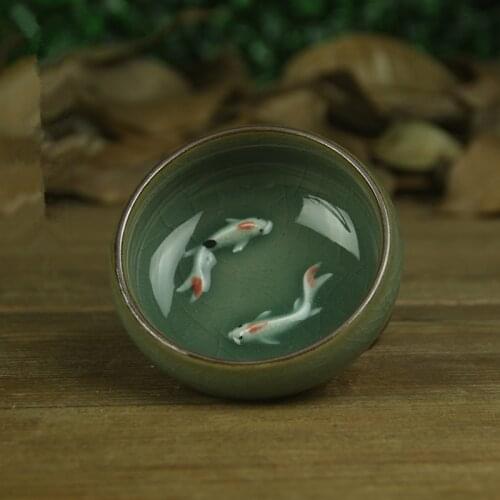 65ml Chinese Longquan Celadon Porcelain/China Teacup And Saucer Tea Bowl With Golden Fish/Celadon Crackle Teacup