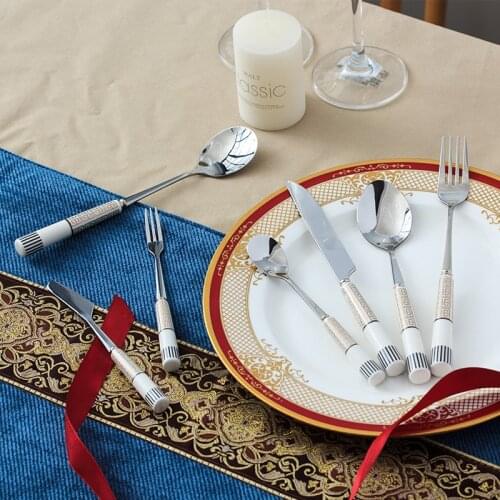 8 PCS Chinese Style Kitchen Tableware Set Stainless Steel + Ceramics Cutlery Set Fork Spoon Knife Dinnerware Set