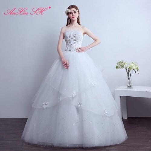 AXJFU white flower lace beading wedding Dress red flower princess beading crystal ruffles wedding dress