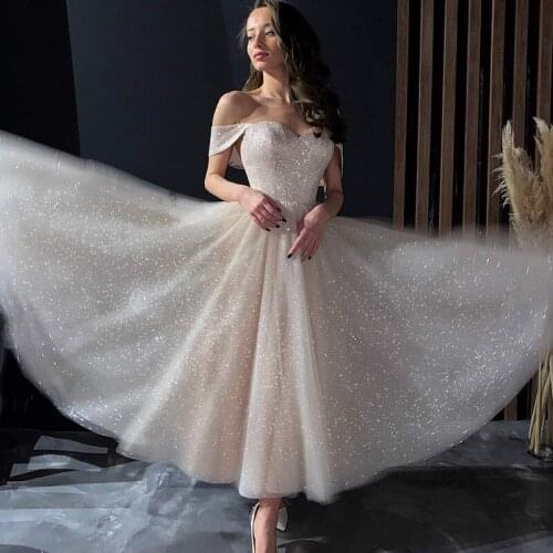 Shiny Champagne Wedding Dress Short Glitter Plus Size Bridal Dresses 2021 Sweetheart Corset Back Ankle Length Wedding Gowns