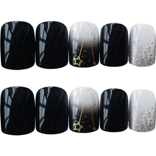 Bronzing Meteor Black Translucent Fake Nail Glue Full Cover False Nails Designs Round Head Short Nails Tips Supplies 24psc/set