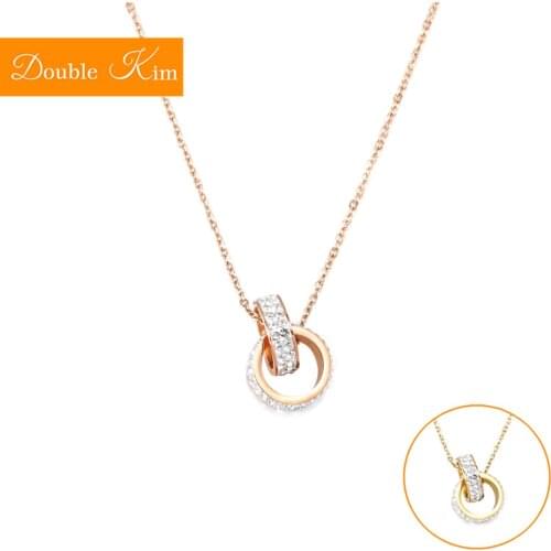 Double Loop Full Zircon Pendant Necklace Titanium Stainless steel Chain Necklace Inlaid Full Zircon Fashion Trendy Women Jewelry