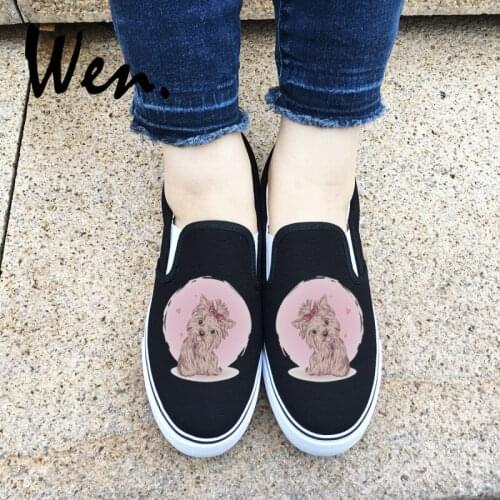Wen Slip On Sneakers Cute Pet Dog Fluffy Shih Tzu Original Design Canvas Skateboarding Shoes for Boys Girls Black White Colors