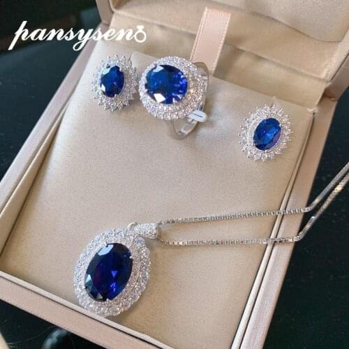 PANSYSEN Vintage 925 Sterling Silver Sapphire Emerald Paraiba Tourmaline Birthstone Necklace Earrings Ring Jewelry Set Wholesale