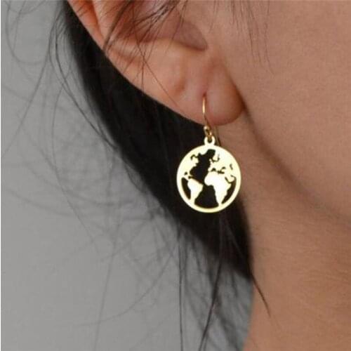 Korean womens Earrings Fashion Round Pendant Geometric Round Hollow Earrings World Map Shape Wedding Jewelry