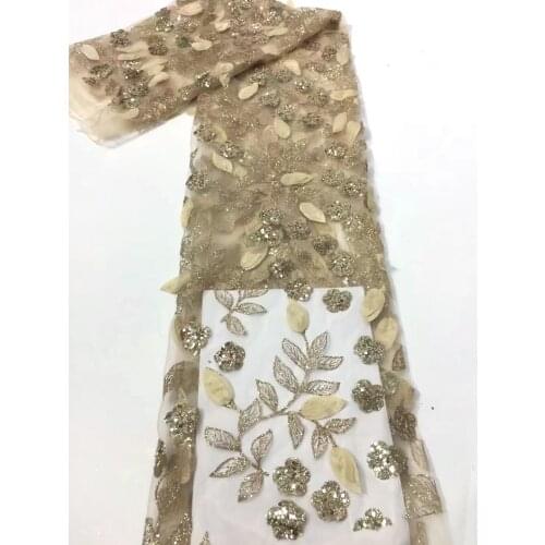 2021 High Quality African French Lace Fabric With Sequins Nigerian Net Lace Fabric Gold 3D Lace For Party VXZ4974