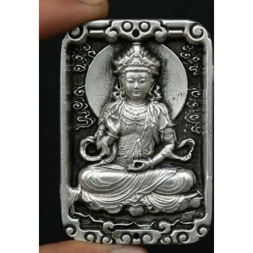 2.8" Chinese Miao Silver Hand Carving Buddhism Kwan-yin Guan Yin Amulet Pendant