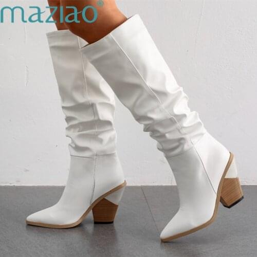 Knee High Boots Western CowboyBlack Boots for Women Long Winter Boots Pointed Toe Cowgirl Boots Women Chunky Wedges Boots MAZIAO