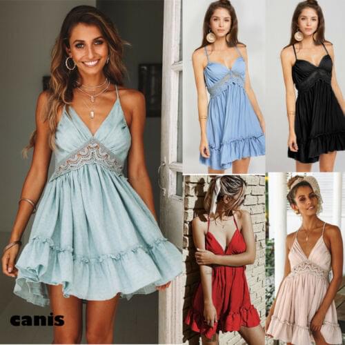 Fashion Women Ladies Solid Sexy Casual Sleeveless Backless Hanging Neck Cocktail Party Short Mini Dress Beach Holiday Sundress