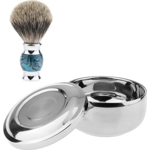 Wooden Handle Soft Shaving Brush + Stainless Soap Cream Mug Bowl Cup with Lid for Mens Grooming - for Home or Beauty Salon Use